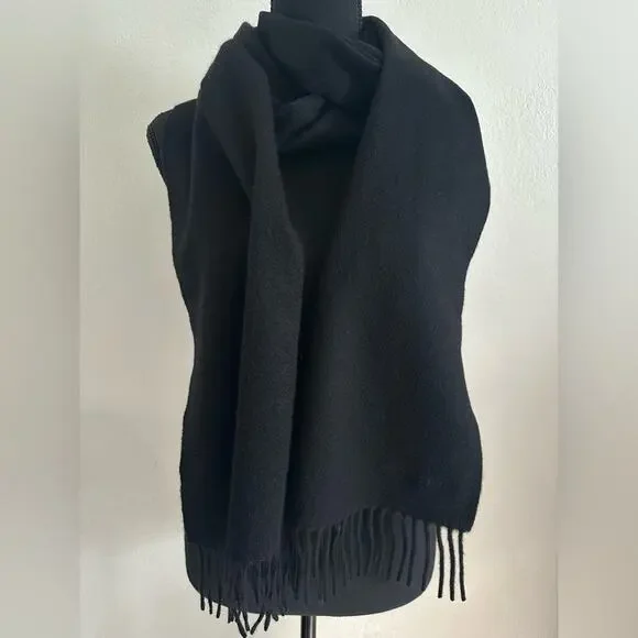 Bottega Veneta Logo Stamped Scarf Black Wool Cashmere Fringe Ends